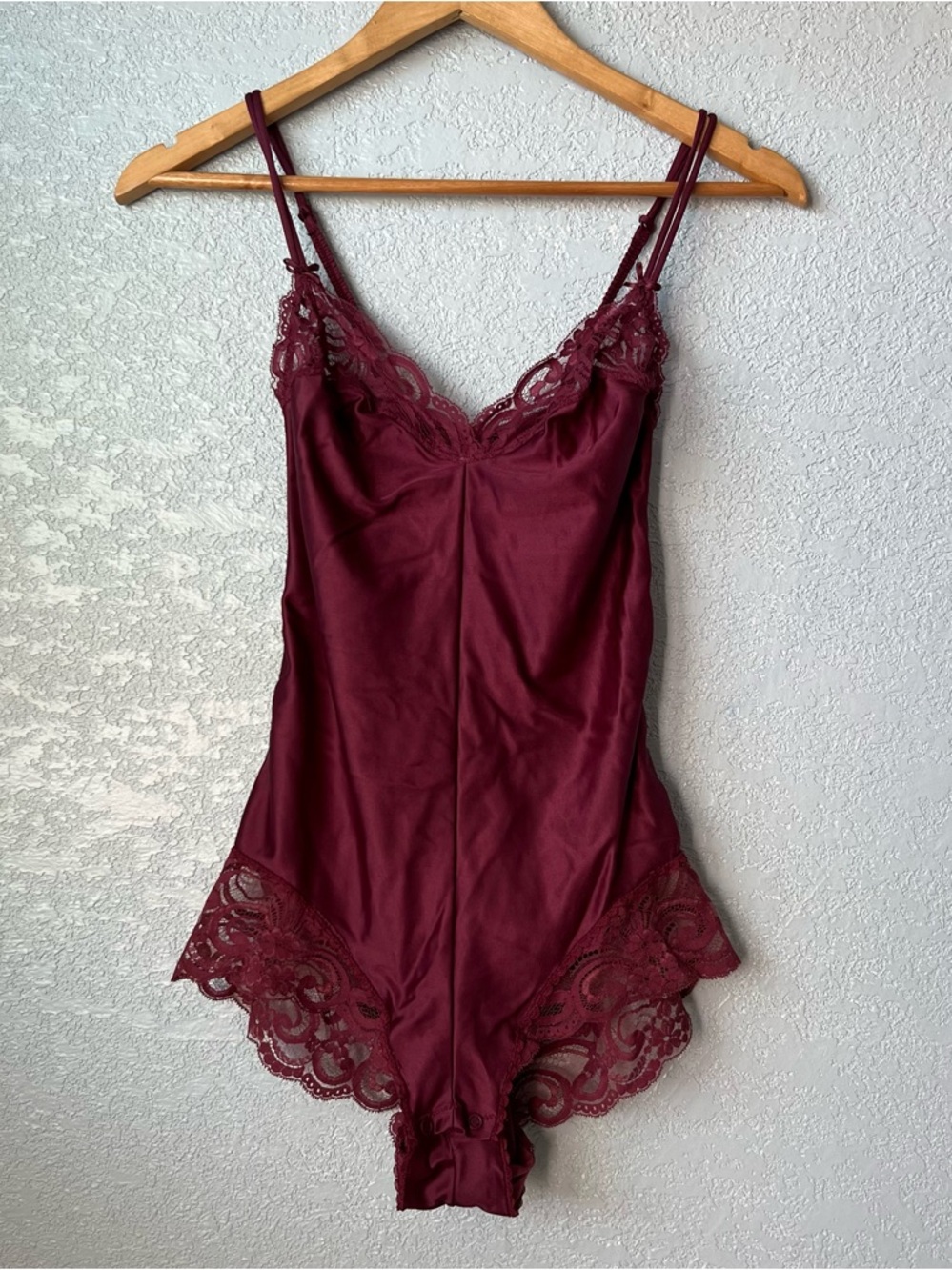 Vintage Warner Burgundy Satin Lace Teddy Bodysuit Y2K Lingerie 36